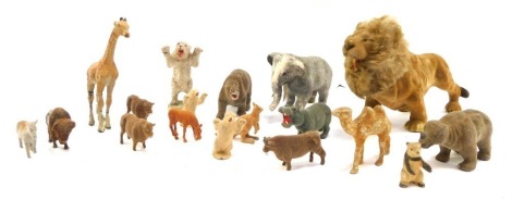 Zoo animals, elephants, hippos, lions, kangeroos, camels and Polar Bears, each with a velvet finish. (a quantity)