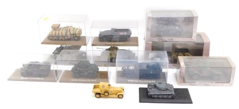 Diecast armoured vehicles, in presentation cases, comprising Ford M20 armoured utility car, Matchbox Army model, Panzerwerfer 42 tank, ZIS-6/BM-13 KATYUSHA, and others. (a quantity)