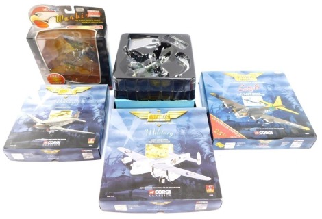 Five Aviation Archive diecast model aeroplanes, comprising a B17 G Flying Fortress, Douglas DC3 RAF, Avro Lancaster RAF Coastal Command, Corgi War Birds Super Marine Spitfire Mk1, Hawker Hurricane Mk2C, Flight Lieutenant Romualdus Marcinkus, No 1 Squadron