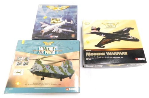 Three Aviation Archive diecast aeroplanes, comprising Martin RB-57A, No 363TRW Shore Airforce South Carolina 1954 model, a Lockhead Constellation USAF Military Aircraft, and a Boeing Vertol Chinook HC1 No 18 Squadron RAF Falklands Detachment 1982 model, b