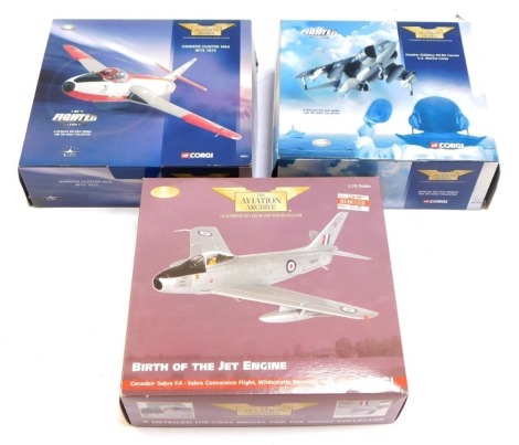 Three Aviation Archive diecast aeroplanes, comprising Hawker Hunter MK6, Birth of Jet Engine Canadair Sabre F4, and a Hawker Sidderley AV-8A Harrier US Marine Corp, boxed. (3)