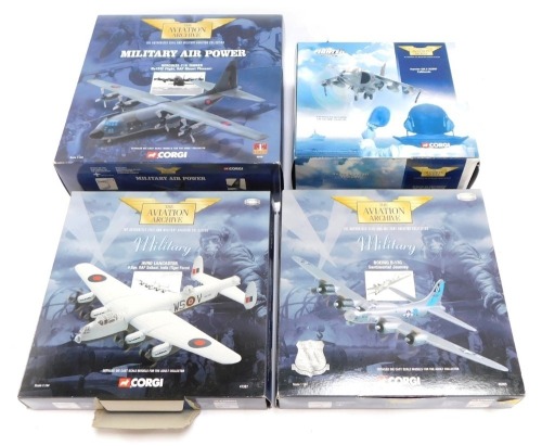 Four Aviation Archive diecast aeroplanes, comprising Boeing B17 G Sentimental Journey, Avro Lancaster 9 Squadron RAF Salbani India Tiger Force, a Hercules CK1 tanker No 132 Flight RAF Mount Pleasant, and a Harrier GR3 XZ997 Falklands, boxed. (4)