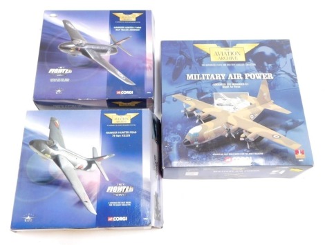 Three Aviation Archive models, comprising Lockhead 382 Hercules C1 Royal Air Force, Hawker Hunter FGA9 79 Squadron XG228, and Hawker Hunter F MK6 RAF Black Arrows, boxed. (3)