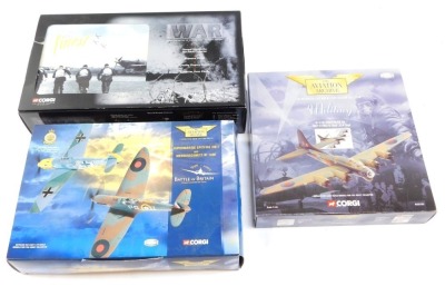 Three Corgi Aircraft, comprising Aviation Archive Submarine Spitfire Mk1 and Messerschmitt BF109E, Aviation Archive B-17G Fortress 3 BK117-BU-U RAF 214 Squadron, and Corgi Century of War Their Finest Hour Tiger Plane Pack, boxed. (3)