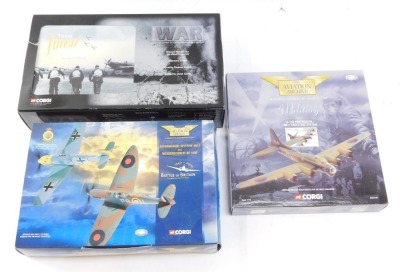 Three Corgi Aircraft, comprising Aviation Archive Submarine Spitfire Mk1 and Messerschmitt BF109E, Aviation Archive B-17G Fortress 3 BK117-BU-U RAF 214 Squadron, and Corgi Century of War Their Finest Hour Tiger Plane Pack, boxed. (3) - 2