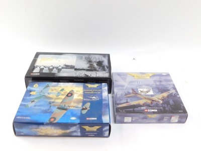 Three Corgi Aircraft, comprising Aviation Archive Submarine Spitfire Mk1 and Messerschmitt BF109E, Aviation Archive B-17G Fortress 3 BK117-BU-U RAF 214 Squadron, and Corgi Century of War Their Finest Hour Tiger Plane Pack, boxed. (3) - 3