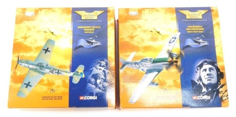 Two Aviation Archive diecast aeroplanes, comprising B51D Mustang of 363rd Fighter Group Charles Chuck Yeager, Messerschmitt 109E JG26 Schlageter Adolf Galland, boxed. (2)