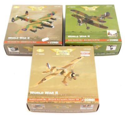 Three Aviation Archive diecast aeroplanes, comprising Westland Lysander Mk1, Avro Lancaser B3, and Gloster Gladiator MkII, boxed. (3)