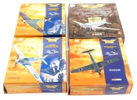 Four Aviation Archive diecast aeroplanes, comprising DC-3 American Airlines, Messerschmitt 109E 7.JG51 Werner Molders, Submarine Spitfire Mk2A, and a P51D Mustang. (4)