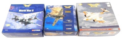 Three Aviation Archive die cast aeroplanes, comprising Gloster Meteor (F TT) Mk8, Messerschmitt BF-109E, and DH Mosquito NF MK2 2Z 726, boxed. (3)