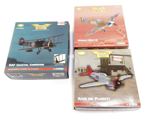 Three Aviation Archive diecast aeroplanes, comprising a Submarine Spitfire MKVC, P-47D-22 302NDFG, and a Fairey Swordfish III, boxed, (3)