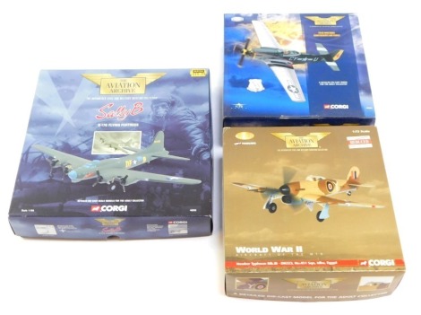 Three Aviation Archive diecast aeroplanes, comprising B-17G Flying Fortress, P51D Mustang Confederate Air Force, and Hawker Typhoon MK.1B, boxed. (3)