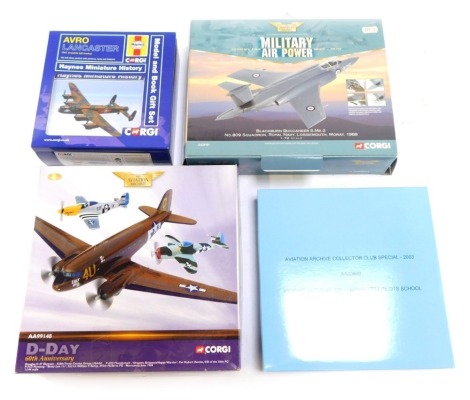 Aviation Archive models, comprising Douglas 47 Sky Train, P47D Thunderbolt and P51D Mustang, in presentation pack, a Blackburn Buccaneer S.MK2, Collector's Club Special Vickers Viscount 700 and a Corgi Haynes Miniature History Avro Lancaster, boxed. (4)