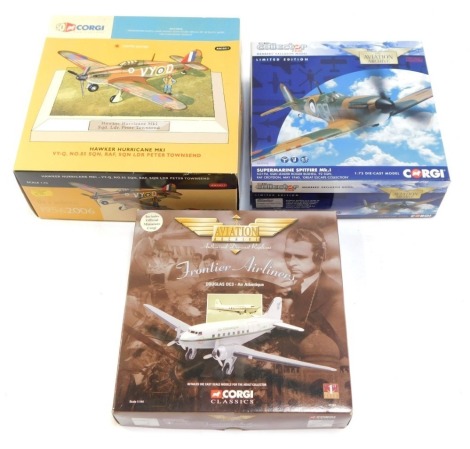 Aviation Archive models, comprising Douglas DC 3 Air Atlantique, Corgi Collector's Club Exclusive Model Submarine Spitfire Mk1, and a Corgi Anniversary Hawker Hurricane Mk1 VY-Q No 85 Squadron RAF Squadron Leader Peter Townsend, boxed. (3)