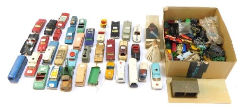 Diecast vehicles, play worn, to include Dinky saloon cars, trucks and buses. (1 tray 1 box)