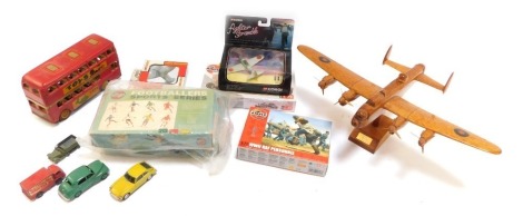 Airfix Model Kits, Sports Series Footballers, Airfix WWII RAF Personnel, Airfix Bofors 40mm gun and tractor set, wooden Spitfire model, tin plate bus, etc. (1 tray)