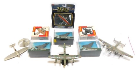 Diecast model aircrafts, some boxed, to include mini planes, Harrier GR3 RAF from Marks & Spencer (x3), etc. (1 tray)
