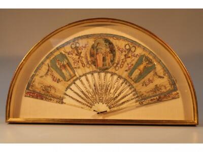 A late 18thC painted silk fan with pierced ivory sticks - 2