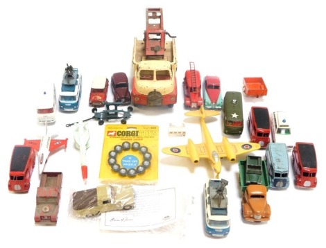 A group of diecast vehicles, play worn, planes, Minic garages, tow truck, military police aircrafts, etc. (1 tray)