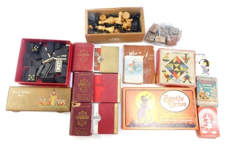 Vintage toys and games, Beetle Drive, What a Turret guide, Lexicon card games, wooden blocks, chess set, etc. (1 tray)