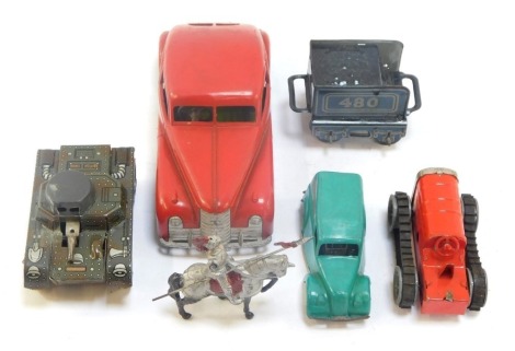 A small group of tin plate vehicles, comprising a Mettoy red car, tank, tractor, etc. (1 box)