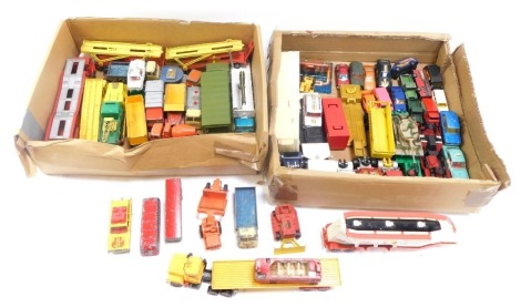 Diecast vehicles, play worn, armoured vehicles, cars and trucks. (2 boxes)