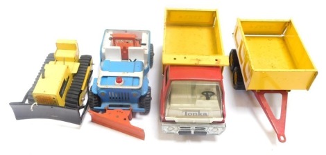 Tonka Toys, comprising a yellow Tonka bulldozer, dumper truck and trailer, and a blue Jeep. (4)