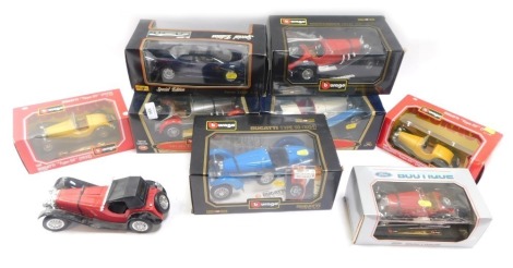 Burago and Maisto diecast vehicles, 1:18 scale, comprising Jaguar XJ220, Mercedes SSK, Alfa Romeo 2300 Spider, Mercedes Benz SSKL 1931, Bugatti Type 59, Ford Boutique, Burago Bugatti Type 55 (x2), and an unboxed model. (a quantity)