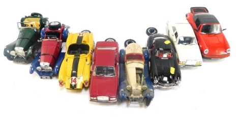 Burago and other diecast vehicles, comprising Ferrari 250 Testarossa, Alfa Romeo Spider, Rolls Royce Camargue, Jaguar SS100, Mercedes Benz SSK, Rolls Royce Kalamazoo, Polistil Porsche 911 Turbo, and a Burago Mercedes 300SL, (AF). (8)