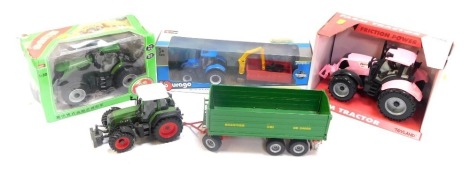 Diecast agricultural vehicles, comprising a Burago New Holland agricultural blue tractor and red trailer, a Japanese tractor, green, a Fendt 1:32 scale tractor and trailer, and a Toyland friction power tractor, pink. (1 tray)