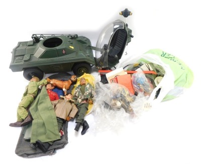 Action Men and accessories, four Action Men models, a dog, tank, aircraft and various clothing and accessories. (a quantity)