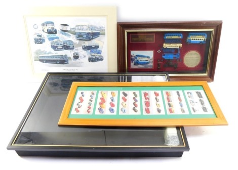 A Matchbox Models of Yesteryear Swan Leyland Titan TD1 vehicle, in presentation pack, framed photographs of diecast vehicles, print and a display cabinet. (a quantity)