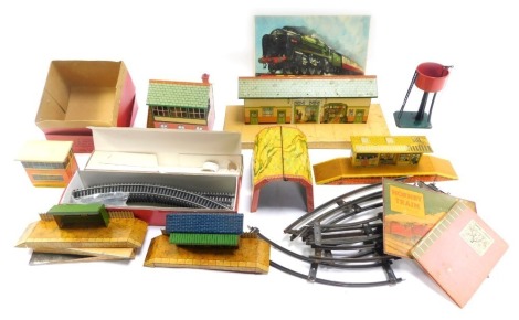 Tin plate railway buildings, book stall, signalling, signal post, oval track and various track and empty loco boxes. (1 box and track)