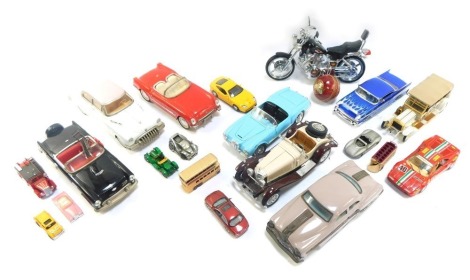 Burago and other diecast cars, to include Chevrolet, Japanese Black Thunderbird, Burago B24 Spider, Mercedes Benz SSK, Harley Davidson motorcycle, Jada Chevy Bel Air, Burago Ferrari GTO, other loose models, etc. (3 trays)