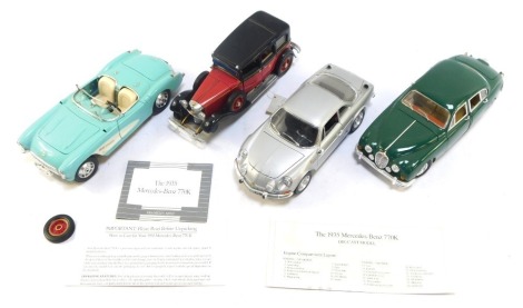 Four diecast vehicles, comprising a Burago Chevrolet Corvette 1957, Burago Alpine A110, Maisto Jaguar MkII, and a Franklin Mint Precision Models 1935 Mercedes Benz. (1 tray)