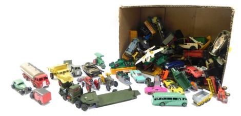 Dinky and others diecast vehicles, play worn, armoured vehicles, farm vehicles, trucks, etc. (1 box)
