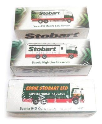 Three Eddie Stobart diecast vehicles, comprising Volvo FH Mobil LED screen, Scania Hi-Line Horse Box, and Scania 94D curtainside Isabel F1467, boxed. (3)