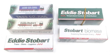 Five Eddie Stobart diecast vehicles, comprising Scania R440 Highland Walking Floor Trailer Amelia Ella H8200, Scania R440 Hi-Line Tanker Lyn, Scania Top-Line refrigerated trailer Shona H132, Scania R440 Hi-Line Skeletor Trailer and Container Olave St Clai