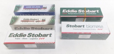 Five Eddie Stobart diecast vehicles, comprising Scania R440 Highland Walking Floor Trailer Amelia Ella H8200, Scania R440 Hi-Line Tanker Lyn, Scania Top-Line refrigerated trailer Shona H132, Scania R440 Hi-Line Skeletor Trailer and Container Olave St Clai - 2