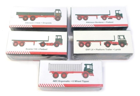 Five Eddie Stobart diecast vehicles, 1:76 scale, comprising Atkinson Borderer flatbed, Scania 110 flatbed, Atkinson 3 axle dropside, AEG Ergomatic 6 wheel tipper, and an ERF LV platform trailer Linda, boxed. (5)