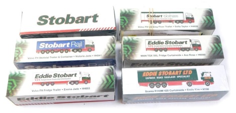 Six Eddie Stobart diecast models, 1:76 scale, comprising Scania Irizar PB Executive Coach Laura Abby, Volvo FH skeletal trailer and container Victoria Jade H4941, Volvo FH fridge trailer Emma Jade H4663, Volvo FH Walking Floor trailer Sophia Taylor H4939,