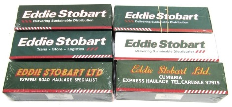 Six Eddie Stobart diecast vehicles, 1:76 scale, comprising Leyland DAF FT85CF curtainside Davina H345, Scania R143M 420 curtainside Bumble Bet H158, Scania Highland curtainside Adrienne H5699, Volvo FH460 box trailer Marina Elizabeth H4824, Mann TGX XXL c