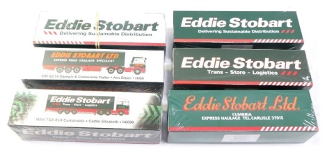 Six Eddie Stobart diecast vehicles, 1:76 scale, comprising Volvo FH curtainside trailer Phoebe Grace H4500, Scania Top Line curtainside Karen Patricia H123, Scania R440 Hi-Line refrigerated trailer Matilda H6668, DAF 2800 curtainside Gemma Lindsay T101, E