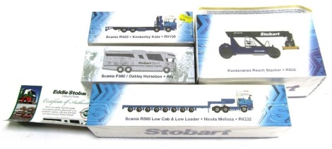 Four Eddie Stobart diecast vehicles, 1:76 scale, comprising Scania R560 low cab and low loader Nicola Melissa RV232, Scania R420 Kimberley Kate RB100, Konecranes Reach Stacker RS02, and a Stobart Sport Scania P380-Oakley horse box Ally, boxed. (4)