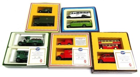 Corgi diecast vehicles sets, comprising GPO Telephones, limited edition, two Jersey Bedford OB Coaches Island Transport, limited edition Green King D51-1, Royal Mail Set D7-1, and the Barton 1908-1989, boxed. (5)