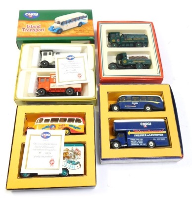 Corgi diecast vehicles sets, comprising Island Transport, John Smith's tanker and beer truck, Corgi United Dairies limited edition AECD67-1 set, We're on the Move Leicester & Swansea C82, and a limited edition York Fair 225 Years set, boxed. (5)