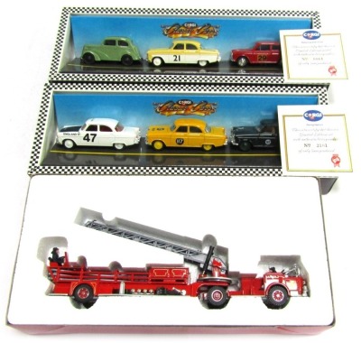 Three Corgi diecast vehicle sets, comprising Rallying with Ford D16-1, Zephyr Racing D36-1, and American Le France aerial ladder truck C1143-2, boxed. (3)