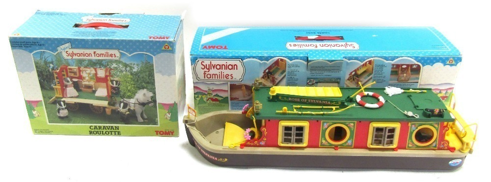 Tomy Sylvanian Families, comprising a caravan Roulotte, and a canal boat,  boxed. (2)