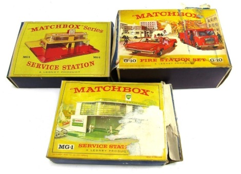 Lesney by Matchbox Series stations, comprising Service Station Esso MG1, Service Station BP, and Fire Station set G10, boxed. (3)