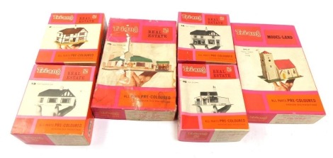 Tri-ang Real Estate Buildings, comprising 15 Tea Shoppe, 2 The Grange, 13 Kent Bungalow, 14 Post Office, RML 17 Village Church with chimes, and 10 Hollywood Bungalow, boxed. (6)